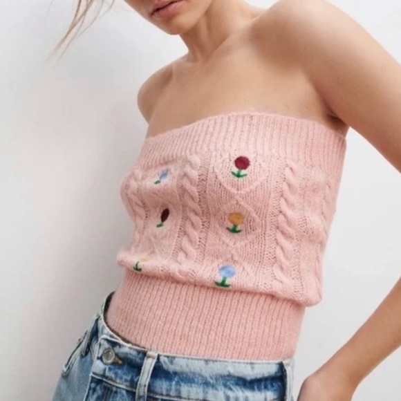 Zara Tops - Zara Small Knit Tube Top Pink Floral Embroidered Sweater